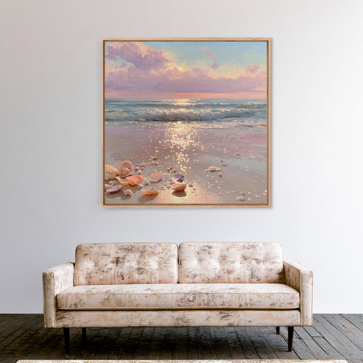Sparkling Seashell Beach Sunrise Framed Canvas Print, Coastal Wall Art, Ocean Waves, Nautical Living Room Decor, Beach House Gift