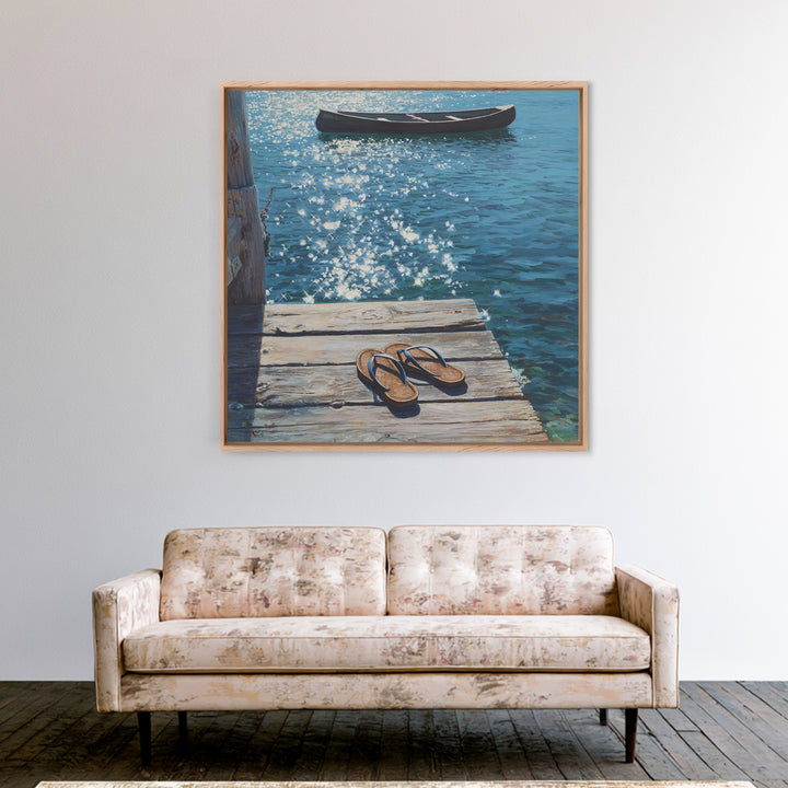 Sparkling Lake Dock With Boat Realism Wall Art, Coastal Summer Canvas Print, Beach House Decor Relaxing Ocean Lake Scene