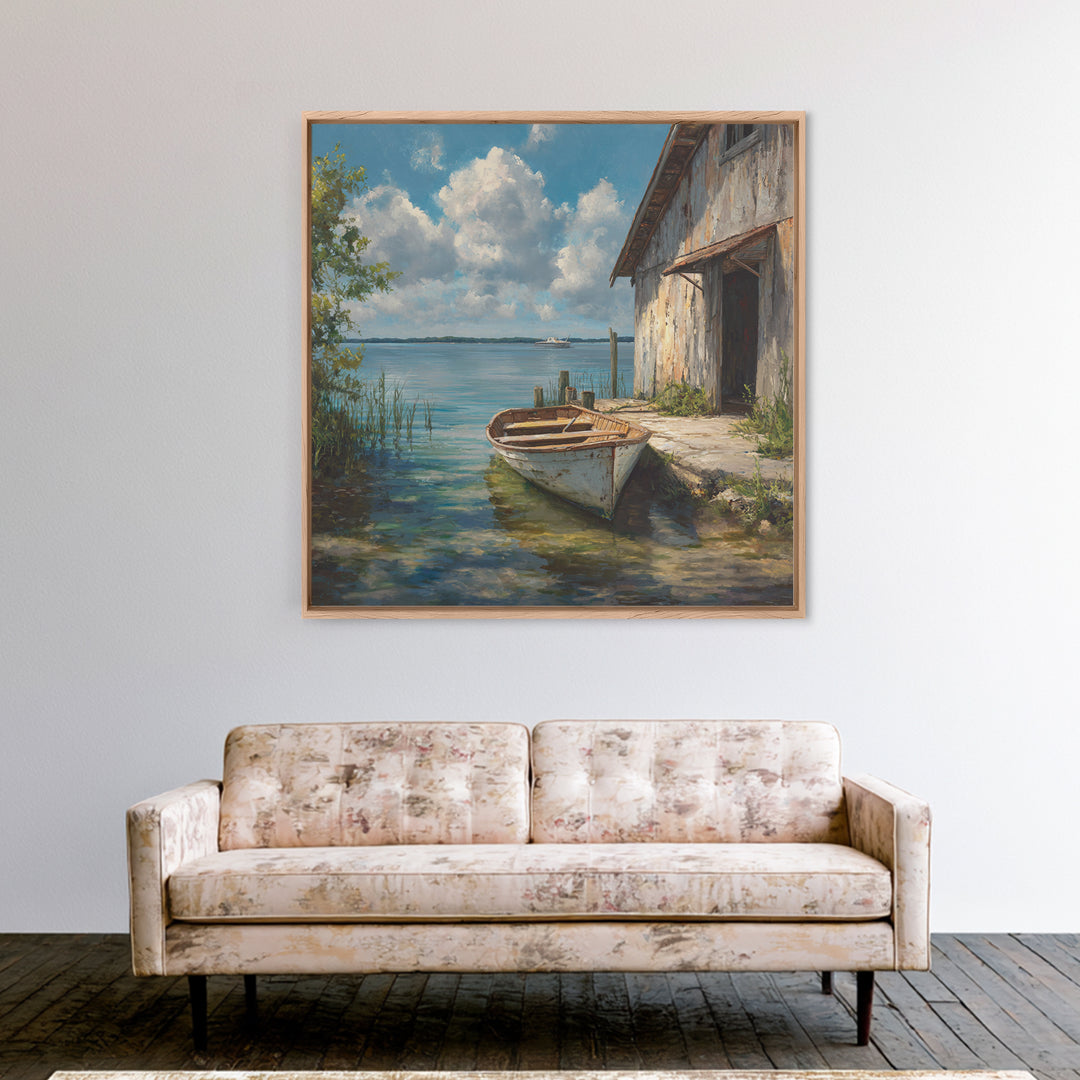 Peaceful Lakeside Barn Scene Wall Art Framed Canvas Print Rustic Country Home Decor For Living Room And Cozy Bedroom Decoration
