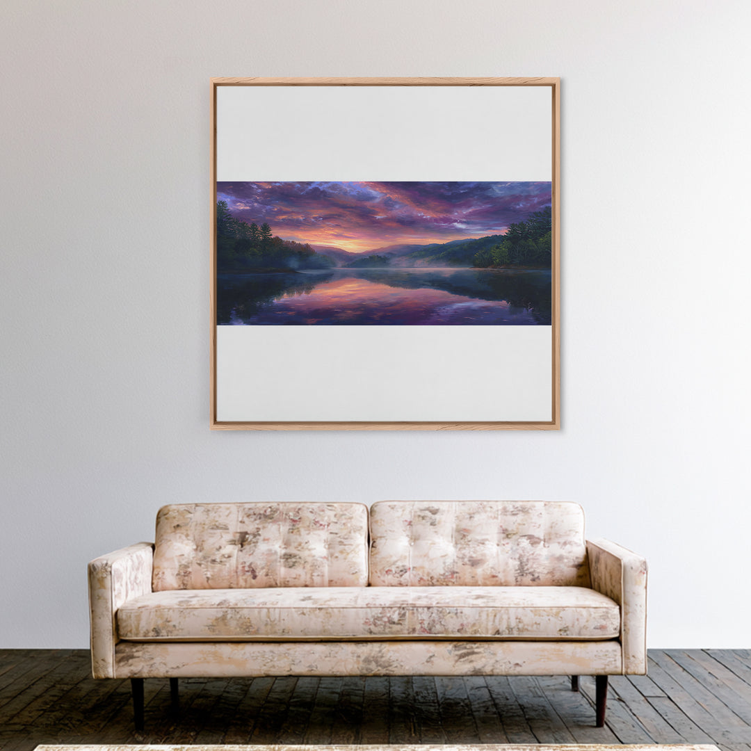 Panoramic Lake Sunset Landscape Wall Art, Reflective Sky Canvas Print, Calming Extra Wide Over Sofa Decor