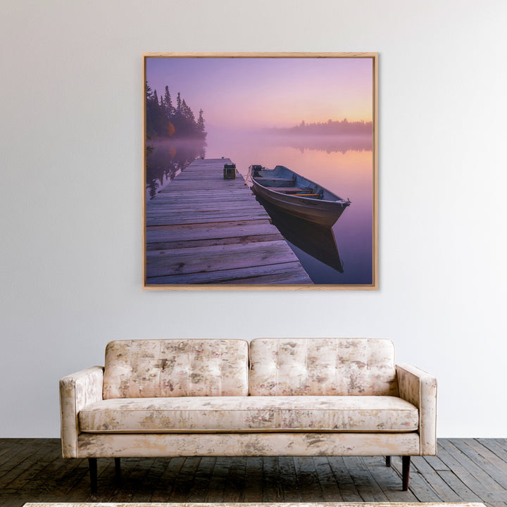 Serene Misty Lake Dock Wall Art, Calming Boat Landscape Canvas Print, Minimalist Nature Photography, Lake House Decor