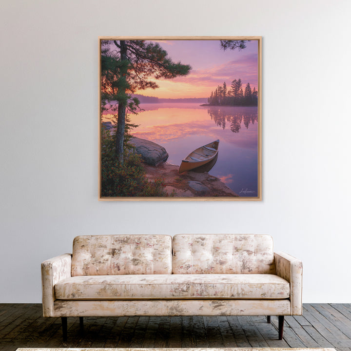 Canoe At Sunrise Lake Wall Art, Tranquil Morning Landscape Canvas Print, Nature Photography For Cabin Or Living Room Decor