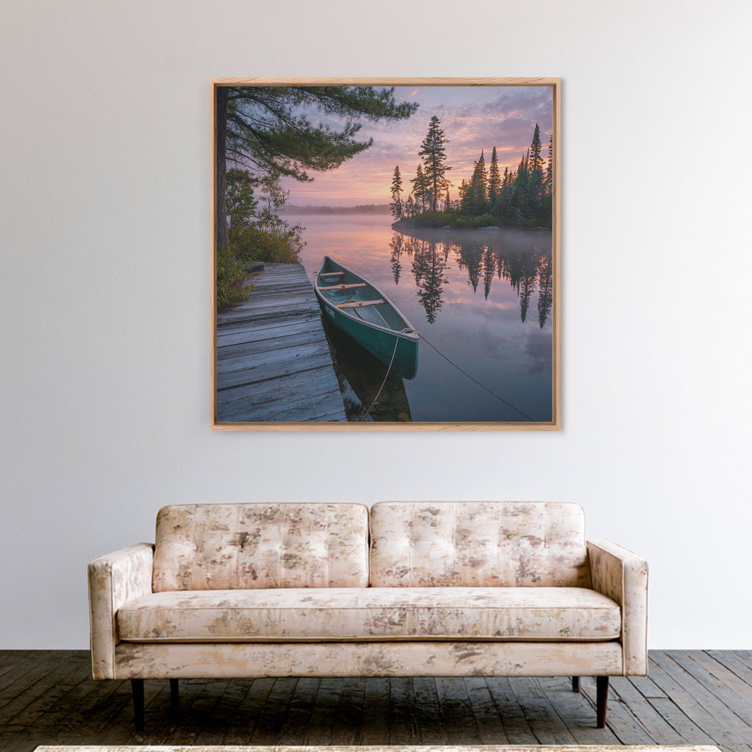 Tranquil Canoe At Sunrise Lake Landscape Wall Art Print, Serene Nature Photography, Cabin Rustic Home Decor Wall Art