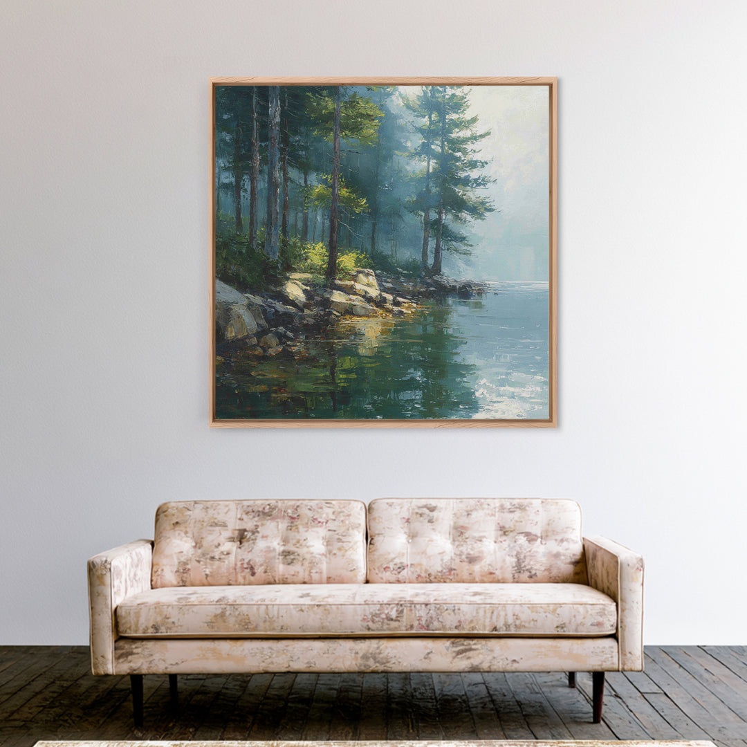 Misty Forest Lake Landscape Wall Art, Tranquil Nature Painting, Cabin Retreat Decor, Large Coastal Forest Canvas Print