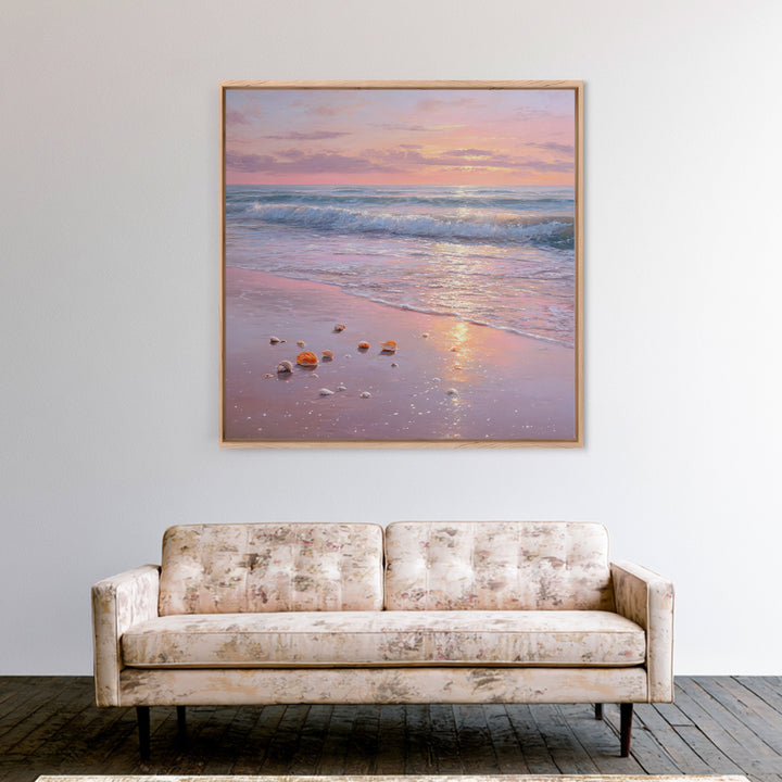 Pastel Sunset Ocean Shore With Seashells Canvas Print, Pink Coastal Wall Art, Beach House Decor, Calming Seascape, Living Room Wall Decor