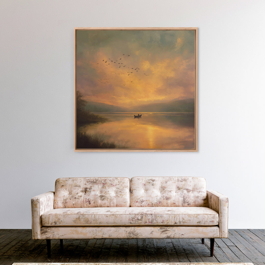Golden Sunset Rowboat Landscape Wall Art, Romantic Lake Canvas Print For Cozy Living Room Decor And Bedroom Wall
