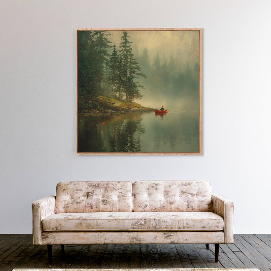 Misty Forest Lake With Red Canoe Wall Art, Peaceful Morning Landscape Canvas Print, Cozy Cabin Decor Artwork