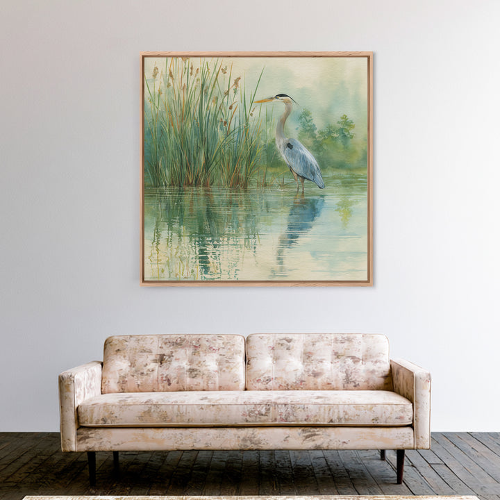 Heron Marsh Watercolor Wall Art, Nature Bird Canvas Print, Tranquil Coastal Landscape Art For Bathroom Or Living Room