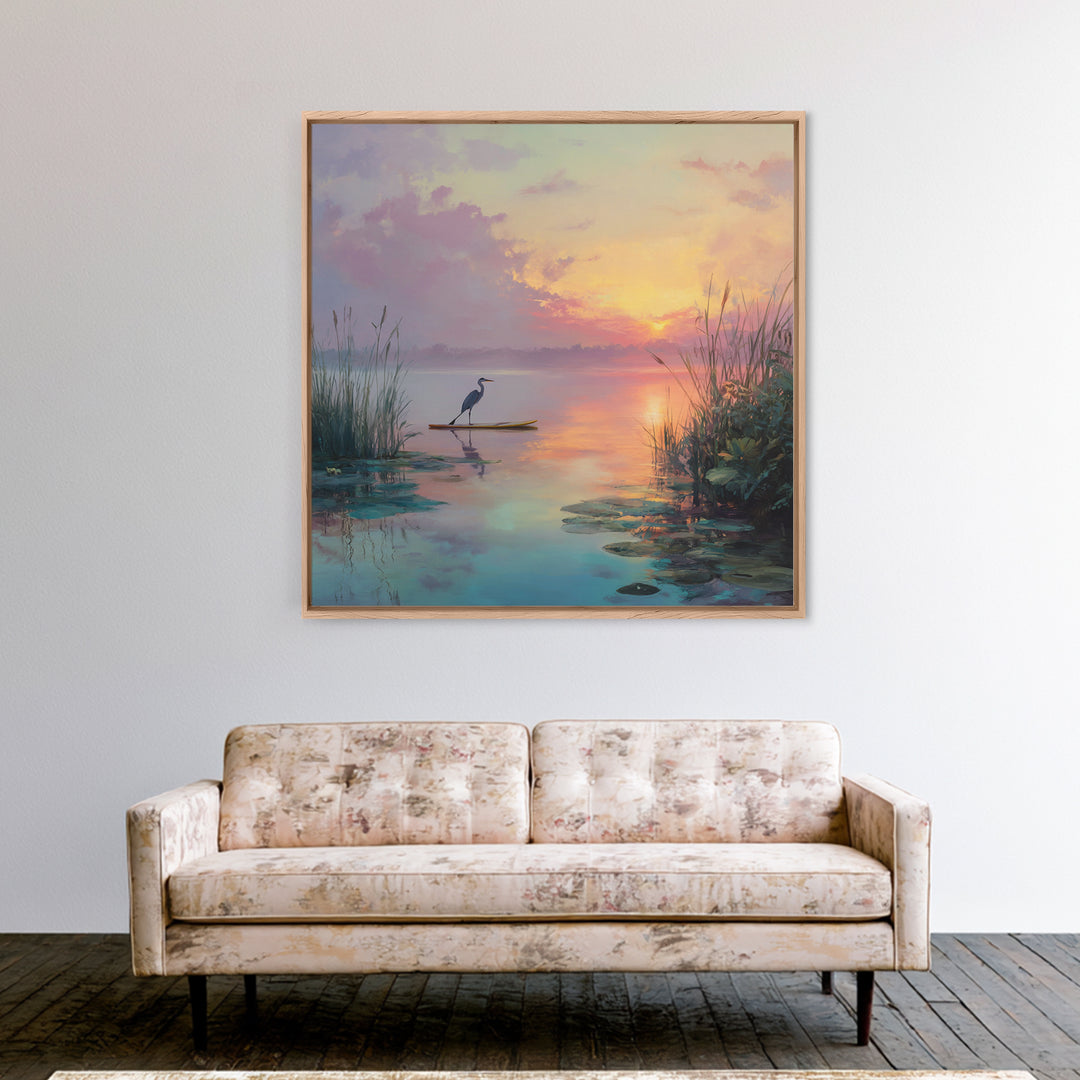 Pastel Lake Sunrise Heron Reeds And Lilies Landscape Wall Art Canvas Print Calming Nature Home Decor Bedroom Wall Art