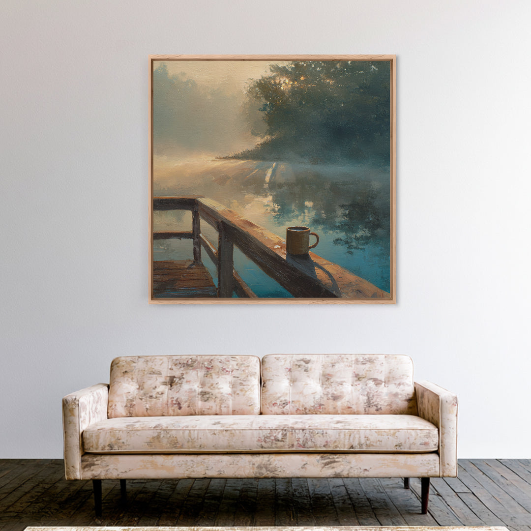 Misty Lake Morning Dock Wall Art, Coffee Mug By Water, Calming Landscape Canvas Print For Bedroom Or Living Room Decor