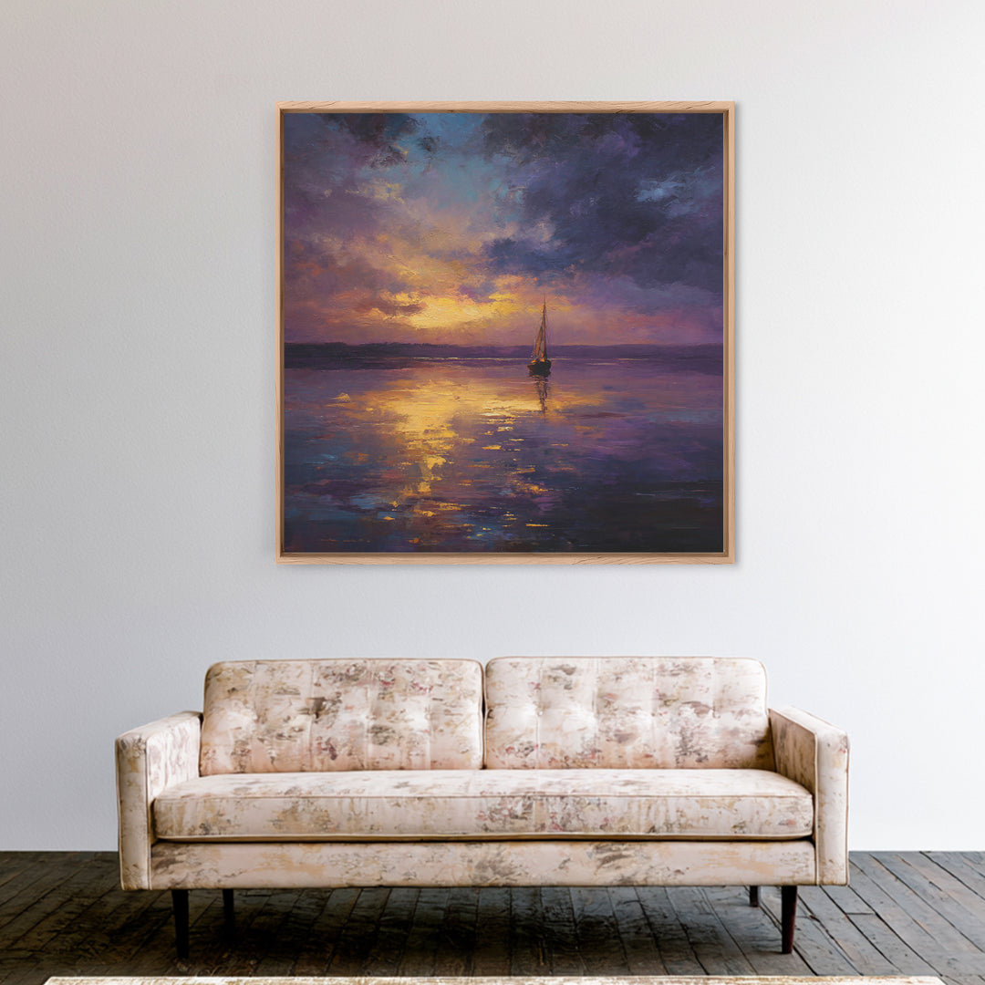 Moody Sailboat Sunset Oil Painting Wall Art, Impressionist Seascape Canvas Print, Calming Coastal Decor For Bedroom Or Living Room