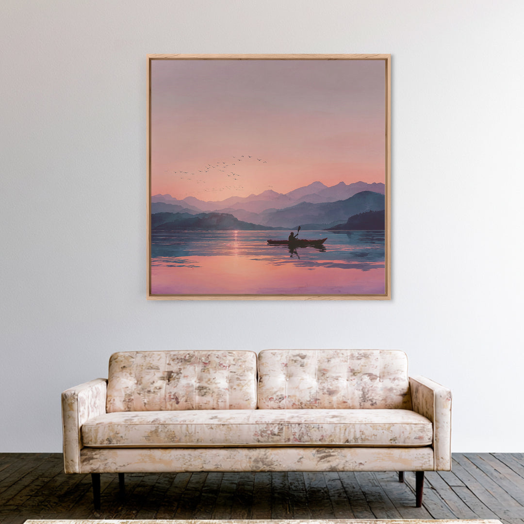 Serene Kayak At Pink Mountain Sunrise Landscape Wall Art, Calming Lake Painting, Nature Home Decor Canvas Print