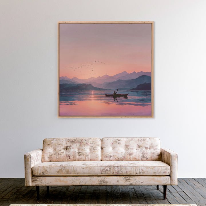 Serene Kayak At Pink Mountain Sunrise Landscape Wall Art, Calming Lake Painting, Nature Home Decor Canvas Print