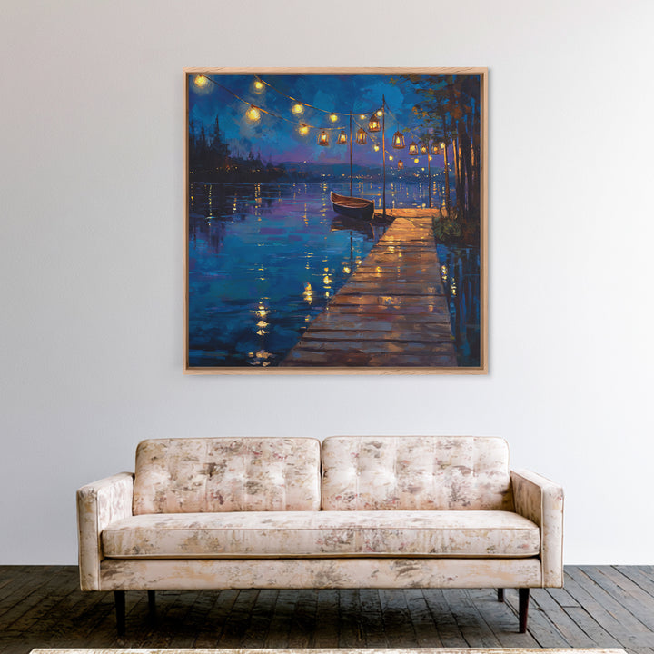 Romantic Lakeside Dock At Night Boat Lights Reflections Wall Art Canvas Print Modern Coastal Home Decor Living Room Wall Art