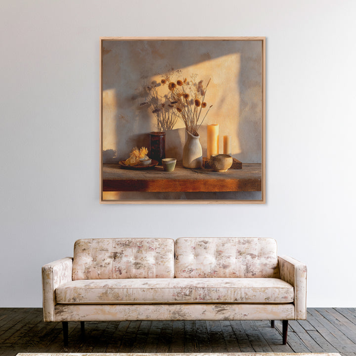 Rustic Dried Flower Still Life With Candles Wall Art, Neutral Wabi Sabi Decor, Farmhouse Shelf Fine Art Print, Warm Earth Tone Home Decor