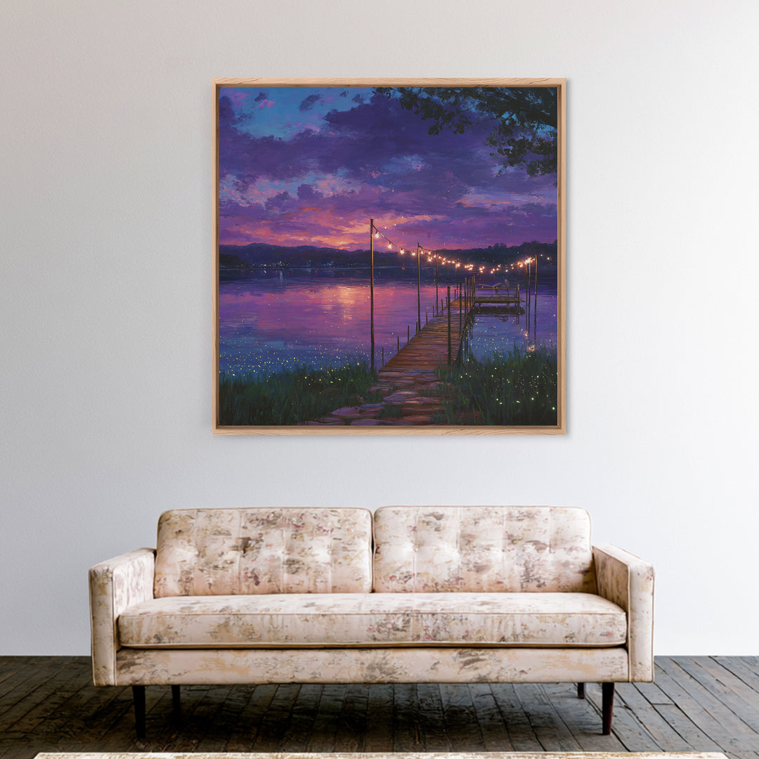 Magical Lakeside Dock At Twilight Wall Art, Firefly Lake Sunset Painting, Calming Landscape Canvas Print Home Decor