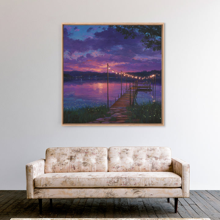 Magical Lakeside Dock At Twilight Wall Art, Firefly Lake Sunset Painting, Calming Landscape Canvas Print Home Decor
