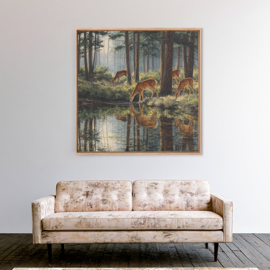 Deer Drinking At Forest Lake Wall Art, Peaceful Wildlife Landscape Canvas Print, Rustic Cabin Decor, Nature Inspired Living Room Art