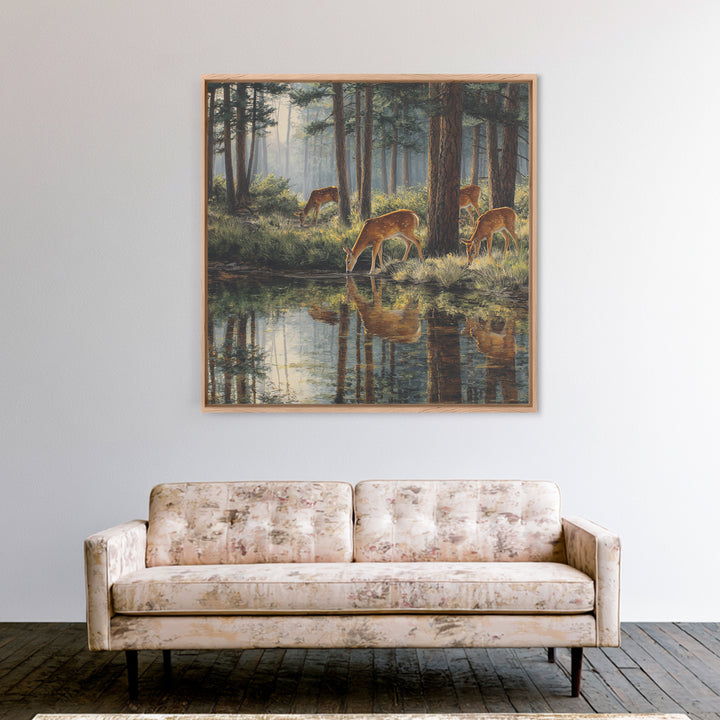 Deer Drinking At Forest Lake Wall Art, Peaceful Wildlife Landscape Canvas Print, Rustic Cabin Decor, Nature Inspired Living Room Art
