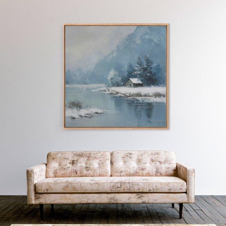 Winter Cabin By Lake Wall Art, Snowy Mountain Landscape Canvas Print, Cozy Rustic Home Decor For Living Room Or Cabin