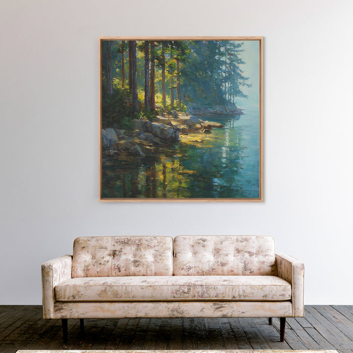Sunlit Forest Lake With Reflections Landscape Wall Art, Nature Painting For Cabin Or Living Room, Canvas Print