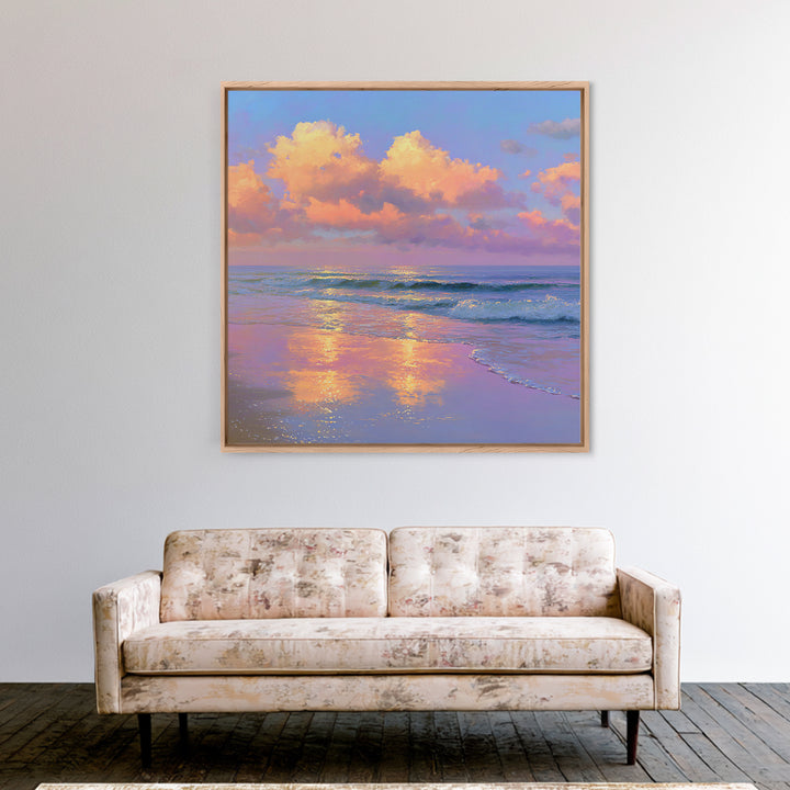 Pastel Ocean Sunset With Peach Clouds Canvas Print, Coastal Wall Art, Beach House Decor, Serene Living Room Seascape Wall Decor
