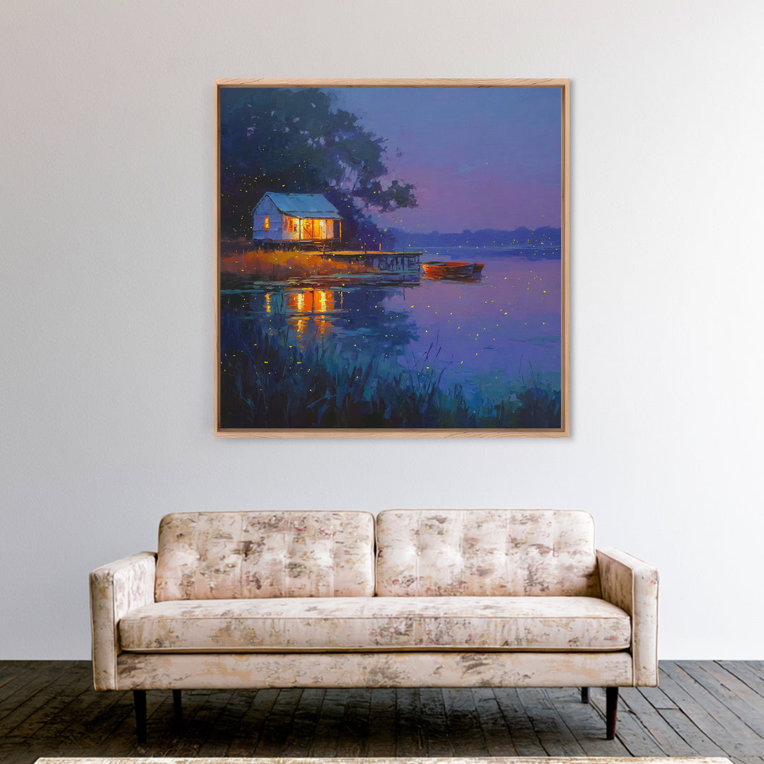 Cozy Lake Cabin At Dusk Framed Canvas Print, Fireflies Over Water Landscape Art, Rustic Wall Art For Cottage Or Living Room