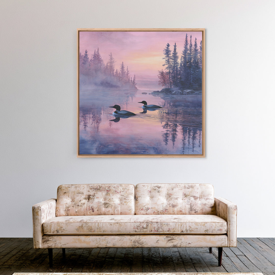 Misty Loon Lake Sunrise Wall Art, Tranquil Forest Landscape Canvas Print, Serene Cabin Decor, Peaceful Lake House Bedroom Art