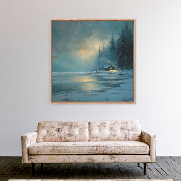 Cozy Winter Cabin By Frozen Lake Wall Art, Snowy Forest Landscape Framed Canvas Print, Rustic Cabin Decor, Calming Artwork