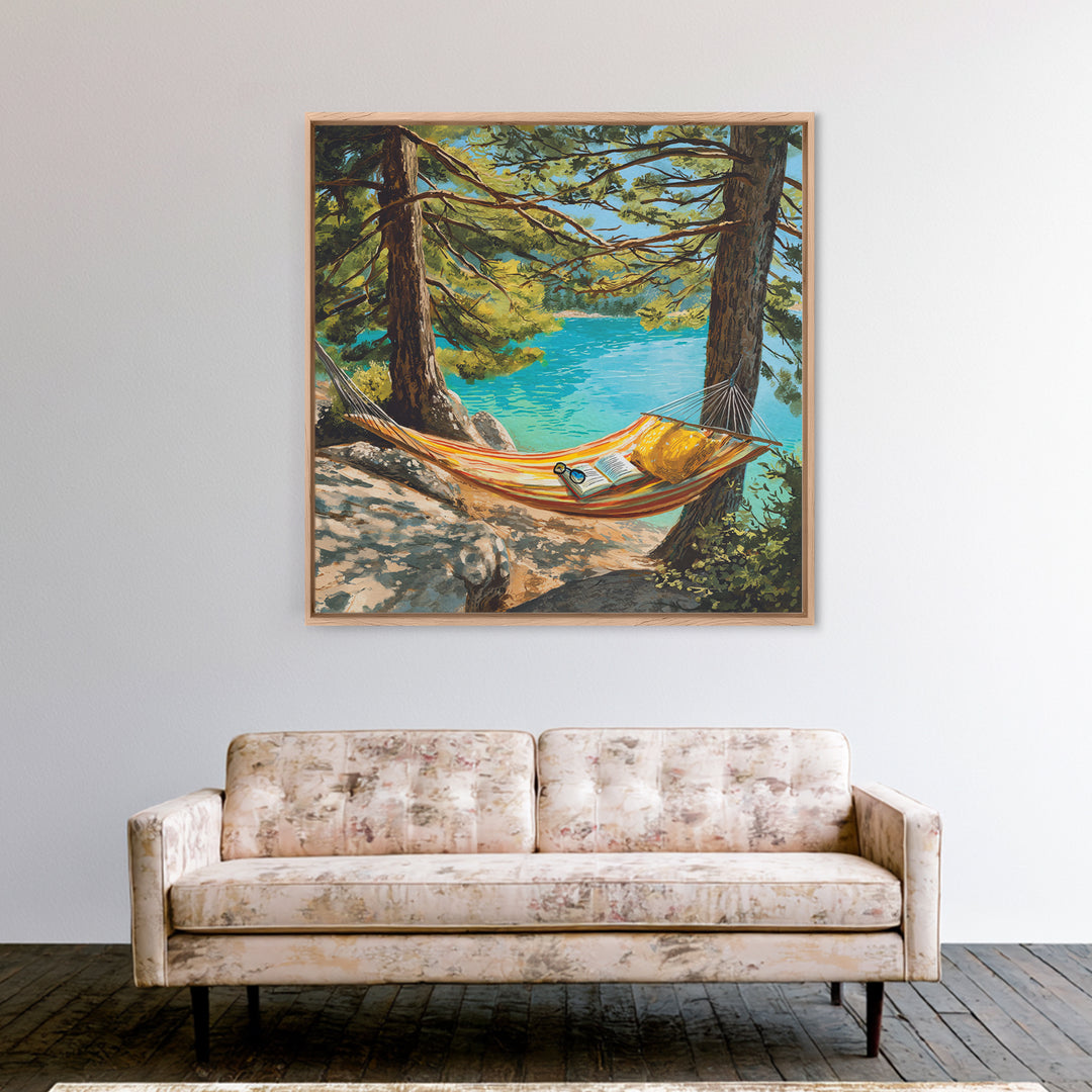 Hammock By Turquoise Lake Wall Art, Cozy Reading Nook In Pines Painting Print, Summer Cabin Home Decor Framed Canvas Print