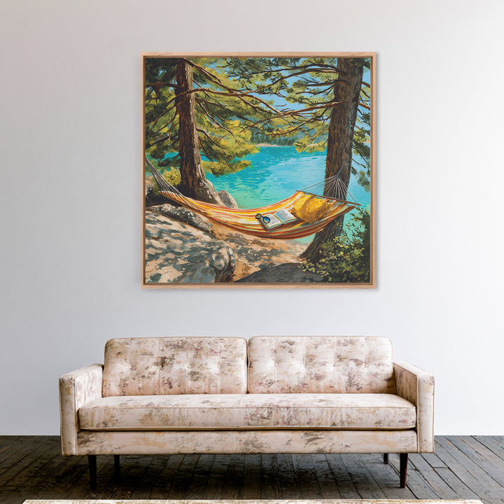 Hammock By Turquoise Lake Wall Art, Cozy Reading Nook In Pines Painting Print, Summer Cabin Home Decor Framed Canvas Print