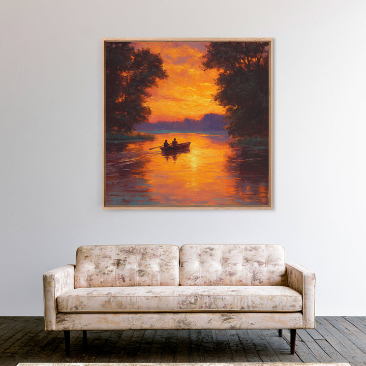 Couple Rowing Boat At Glowing Sunset Wall Art, Romantic Lake Landscape Canvas Print, Warm Living Room Home Decor