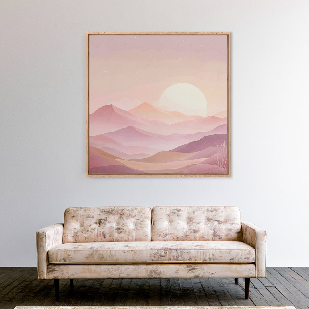 Minimalist Pink Moon Over Desert Mountains Wall Art, Celestial Landscape Print, Boho Bedroom Decor, Calming Nursery Art Gift