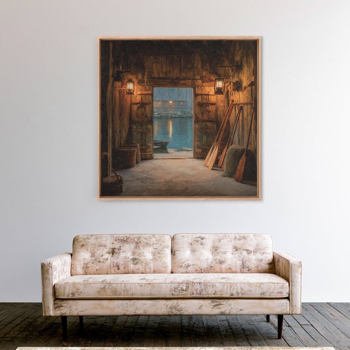 Warm Boat House Interior With Lanterns At Dusk Wall Art, Rustic Nautical Home Decor, Coastal Lake Framed Canvas Print