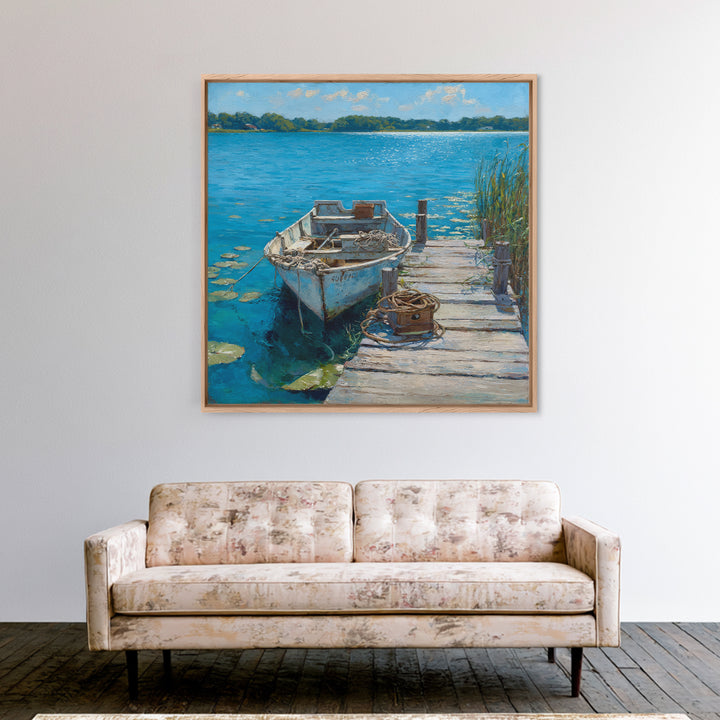 Serene Rowboat Lake Landscape Wall Art For Beach House Decor, Coastal Seascape Canvas Print, Nautical Living Room Artwork