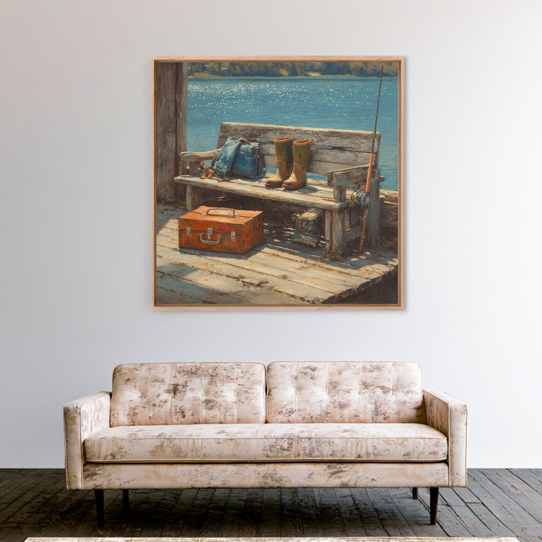 Rustic Fishing Dock Bench Wall Art, Lake Cabin Waterfront Canvas Print, Coastal Country Home Decor