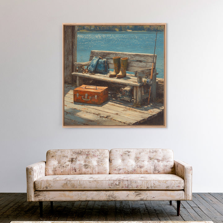 Rustic Fishing Dock Bench Wall Art, Lake Cabin Waterfront Canvas Print, Coastal Country Home Decor