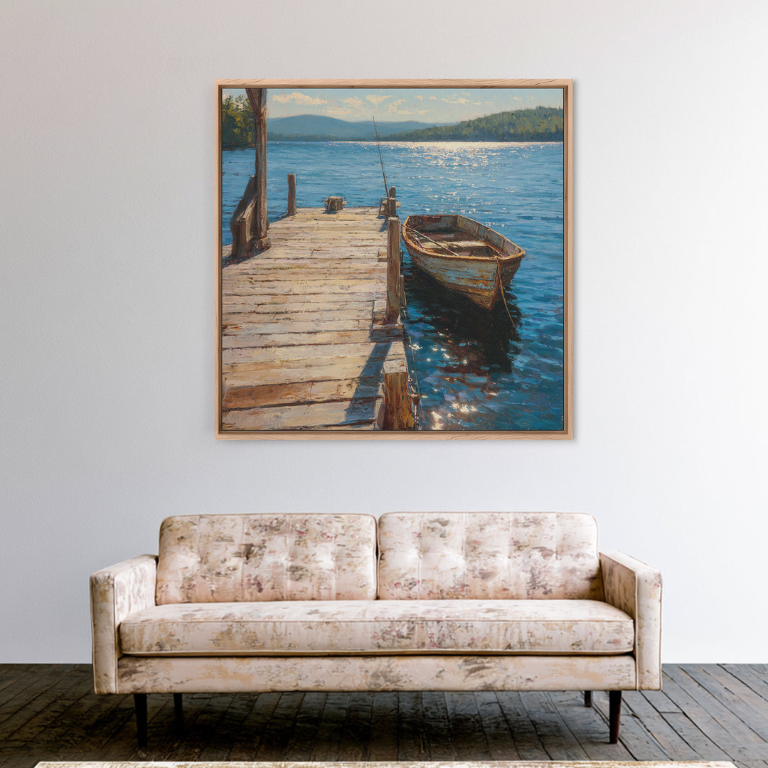 Rowboat On Lake Wall Art, Peaceful Lakeside Landscape Print, Rustic Cabin Decor, Serene Nature Lake Wall Art