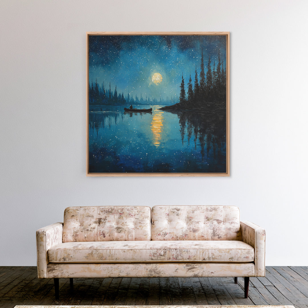 Moonlit Lake Canoe Night Landscape Wall Art, Starry Sky Reflection Print, Calming Nature Decor For Bedroom Wall Art