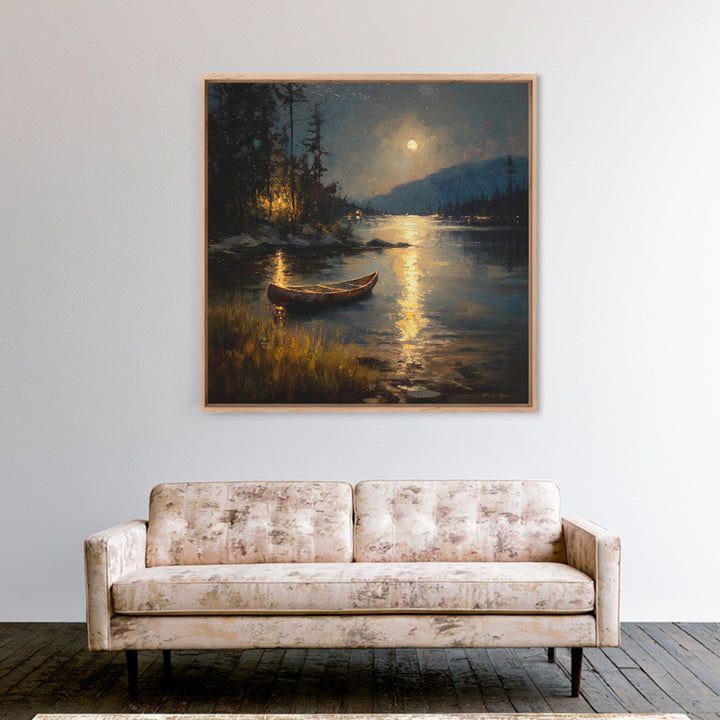 Moody Moonlit Lake Canoe Wall Art, Romantic Night Landscape Print, Rustic Cabin Decor, Calming Nature Art For Bedroom Or Living Room