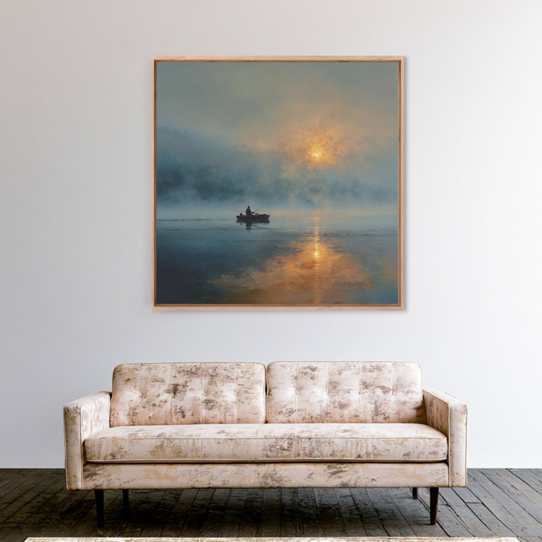 Misty Lake Sunrise Fisher In Boat Landscape Wall Art, Calming Nature Canvas Print, Modern Home Decor Living Room Art