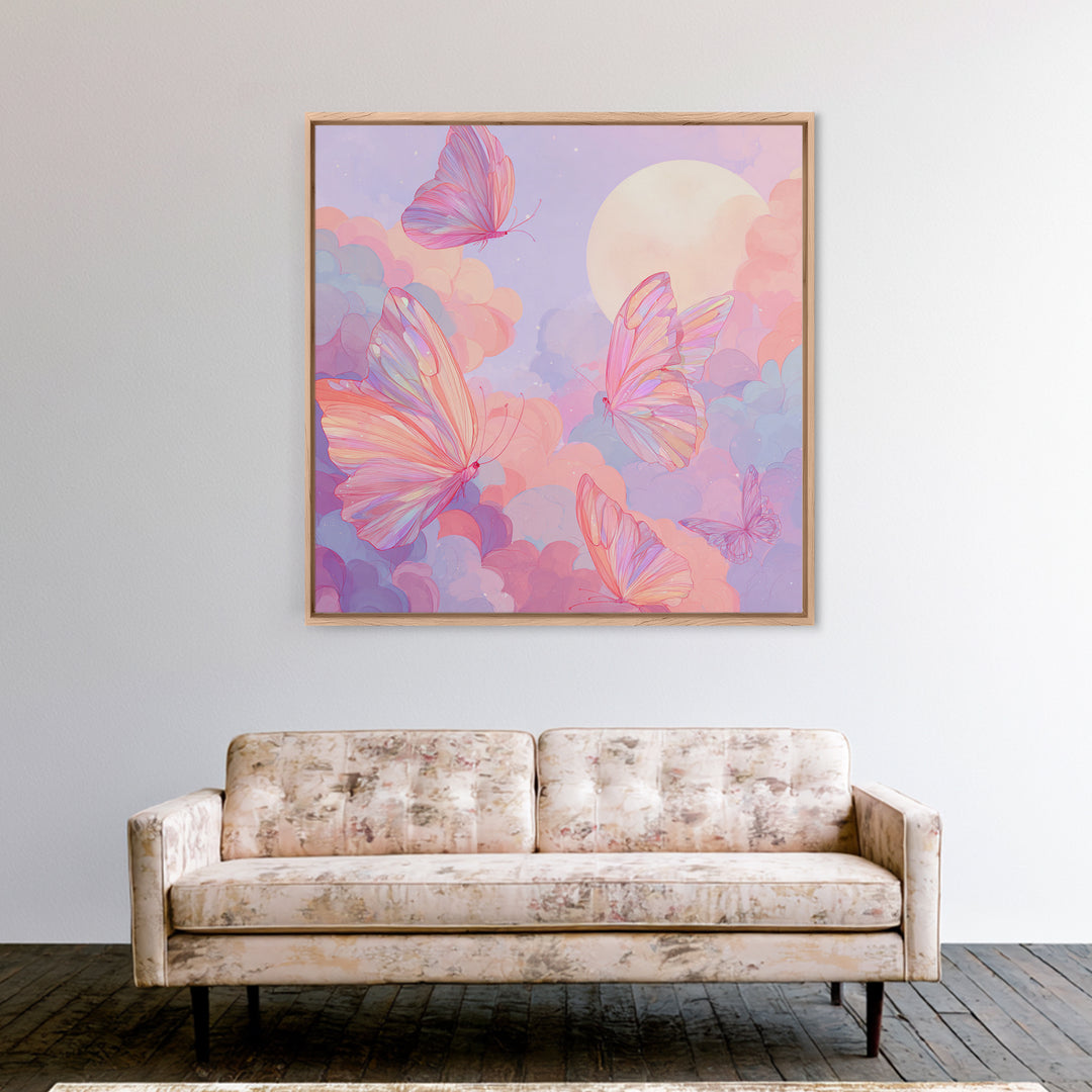 Pastel Pink Butterflies Moon Wall Art, Dreamy Celestial Canvas Print, Coquette Nursery Decor, Whimsical Bedroom Art Gift For Her