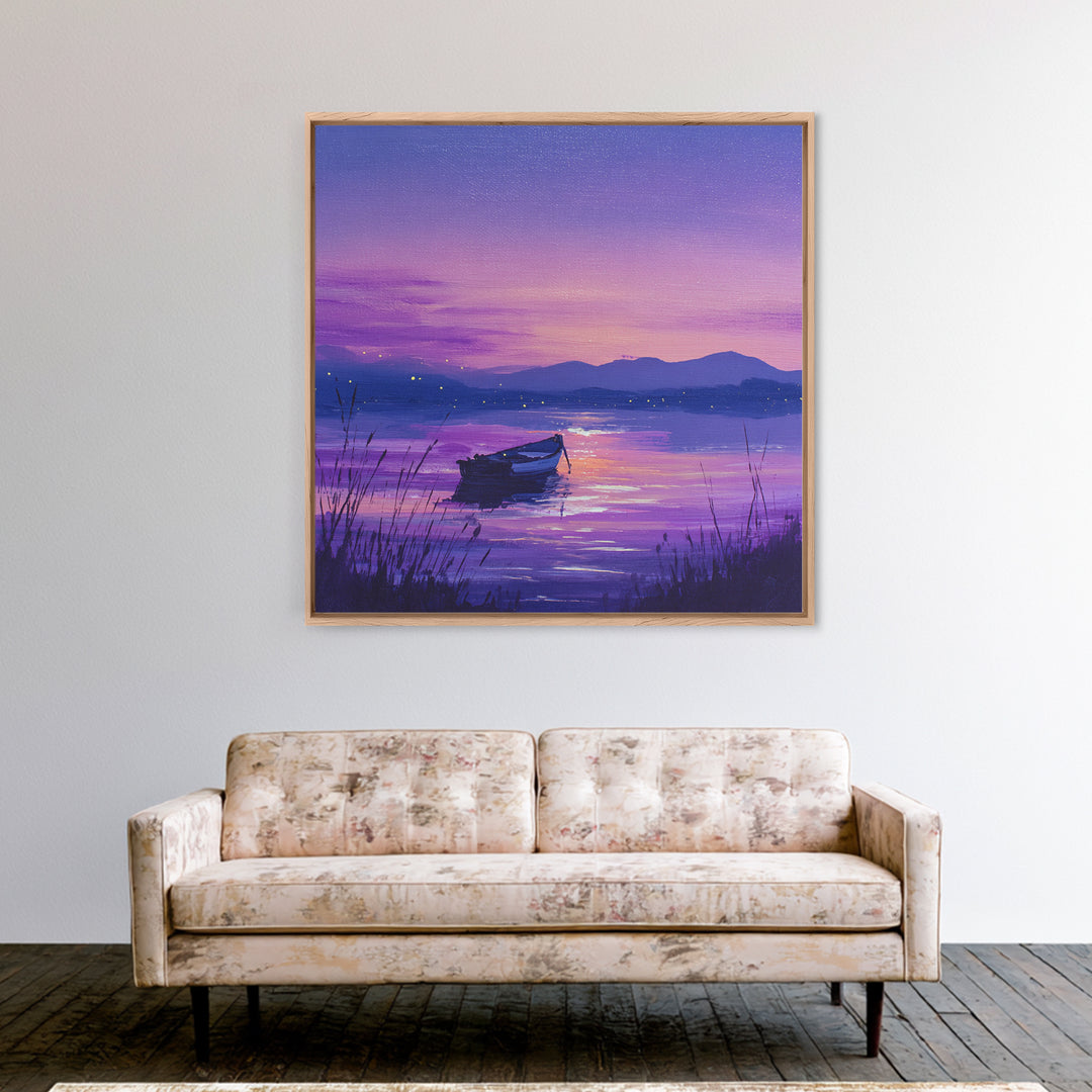 Purple Twilight Lake Boat Wall Art, Serene Sunset Landscape Canvas Print For Living Room Decor, Calming Modern Home Decor