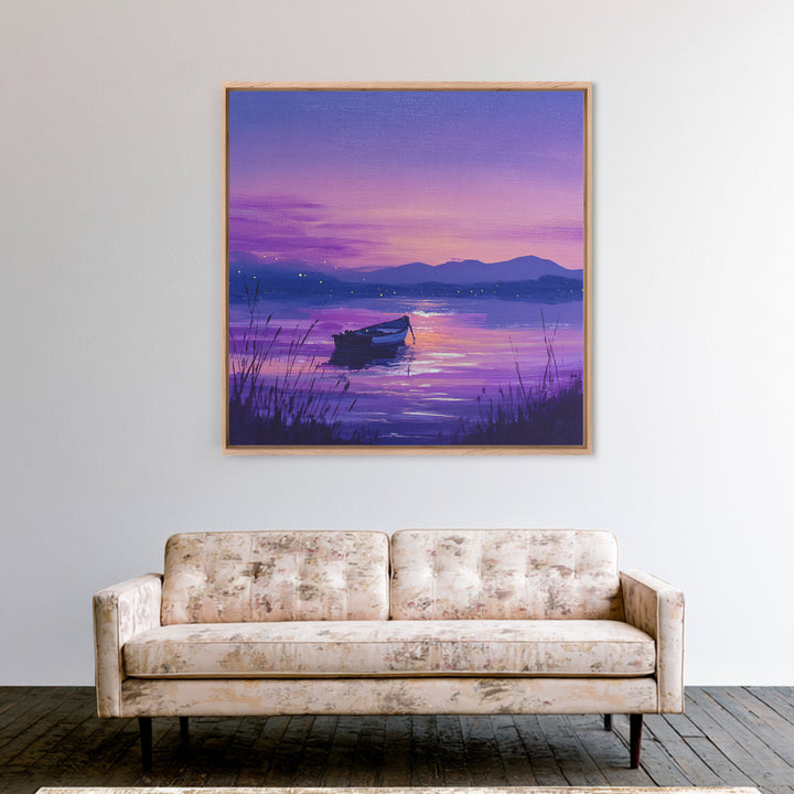 Purple Twilight Lake Boat Wall Art, Serene Sunset Landscape Canvas Print For Living Room Decor, Calming Modern Home Decor