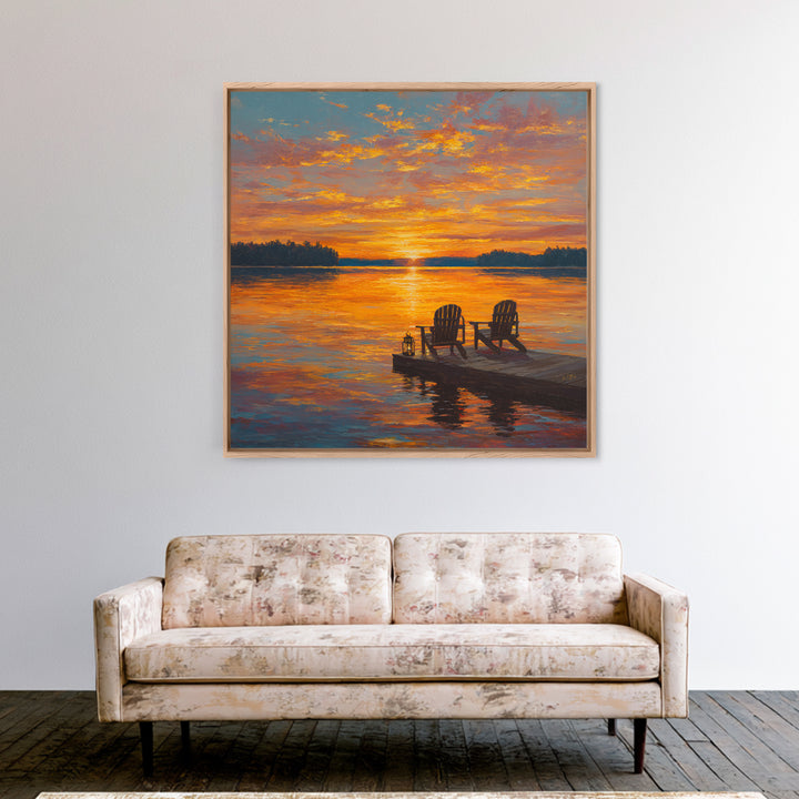 Lakeside Sunset With Adirondack Chairs Painting Wall Art, Romantic Lake Landscape Print, Cozy Cabin Summer Home Decor