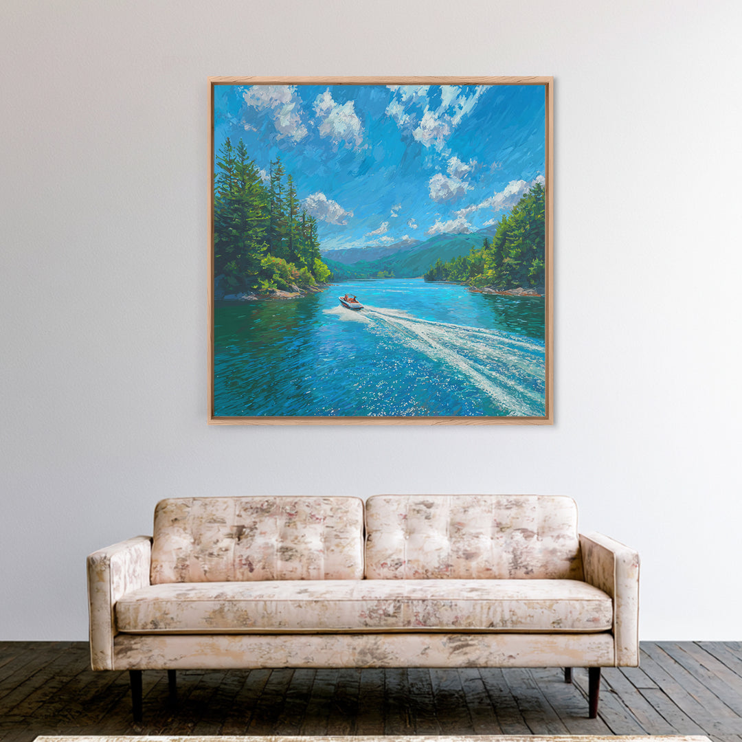 Boat On Mountain Lake Impressionist Landscape Wall Art, Turquoise Lake Painting Print, Nature Wall Art For Living Room Decor
