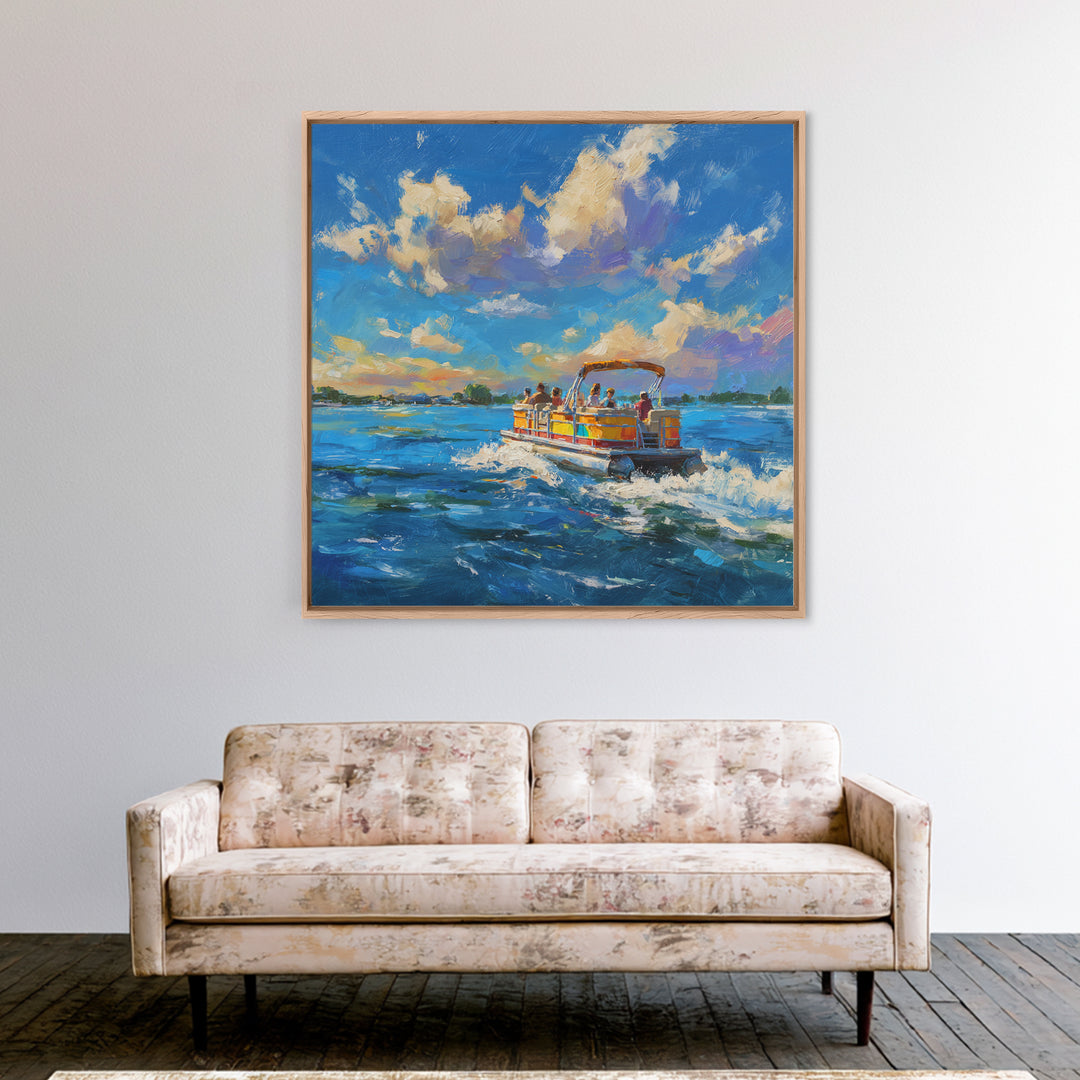 Sunny Boat Day Lake Oil Painting Wall Art, Colorful Coastal Art Print, Nautical Home Decor, Beach House Living Room Wall Art