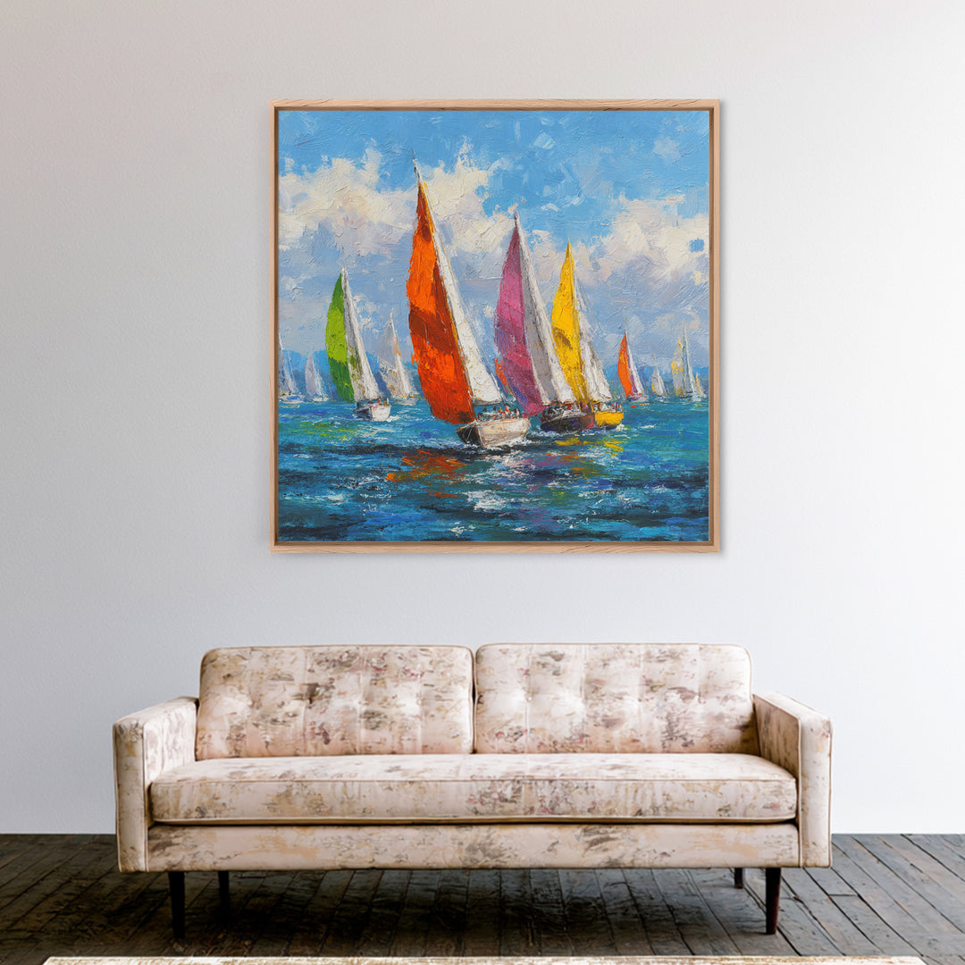 Colorful Sailboats Seascape Oil Painting Wall Art, Coastal Abstract Ocean Canvas Print, Beach House Decor Modern Nautical Art