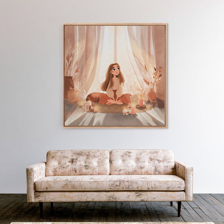 Cozy Meditation Girl With Candles Wall Art, Boho Spiritual Yoga Room Decor, Mindfulness Print, Peaceful Home Decor, Gift For Her