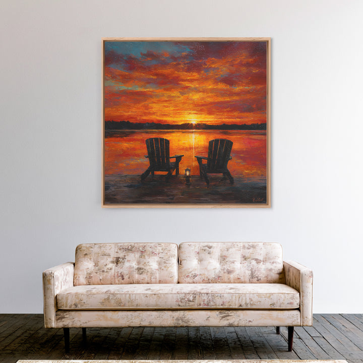 Romantic Lake Sunset Chairs Wall Art For Living Room Decor, Cozy Sunset Painting Canvas Print, Peaceful Landscape Art